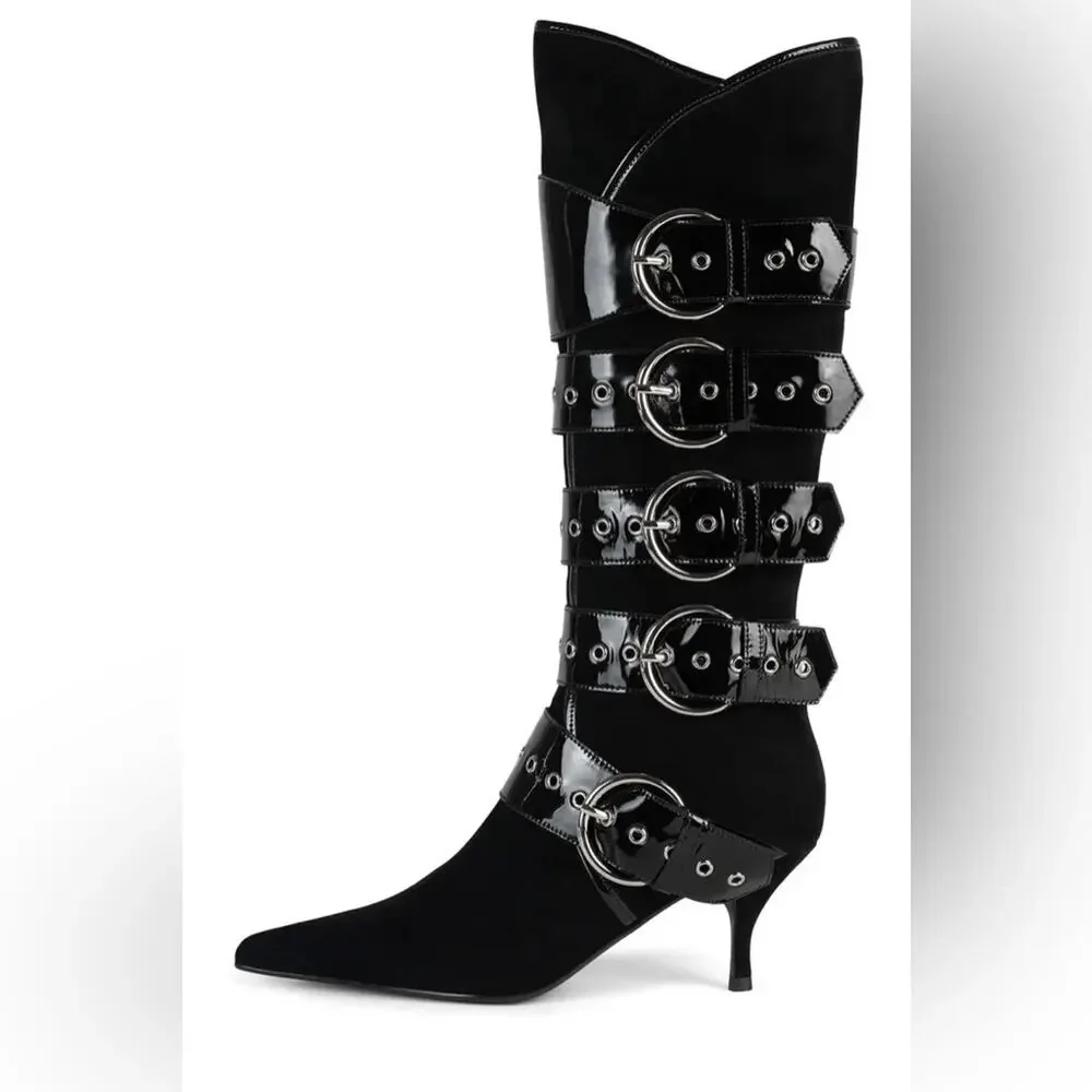 Jeffrey Campbell Seatbelt Black Suede Black Patent Buckle Heel Boots